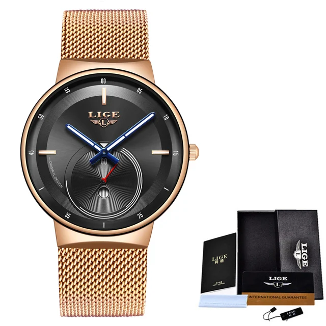 Rose gold black Новинка, дизайн, синие кварцевые часы LIGE, мужские часы, Топ бренд, роскошные часы, Мужские Простые полностью стальные водонепроницаемые наручные часы - Цвет: Rose gold black