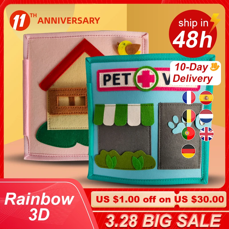 Simulación de libro de tela 3D de arcoíris para bebé, aprendizaje temprano, educación, libro silencioso, lavables suaves que se pliegan