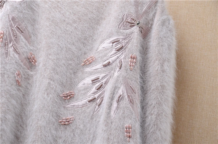 Ladies mink cashmere o-neck loose fluffy angora rabbit fur hand knitted beading pullover sweater short warm sweater products
