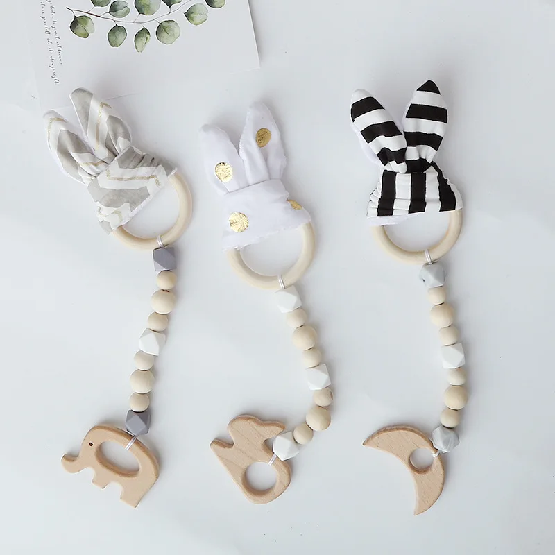 

Nordic Style Bunny Ear DIY Ornament Hanging Teething Wooden Bracelets Made Beech Animals Shower Gift Play Gym Toy Baby Rattle