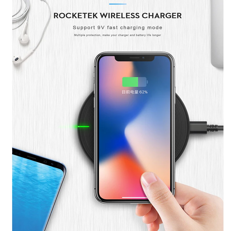 Rocketek 10Вт Ци Беспроводное зарядное устройство для iPhone X / XS Max XR 8 Plus Видимый элемент
