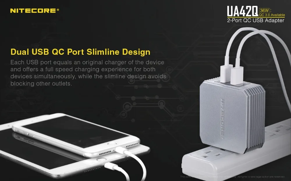 NITECORE UA42Q 2 порта QC USB адаптер 36 Вт QC 3,0/2,0 доступны два порта эффективный высокоскоростной зарядный адаптер
