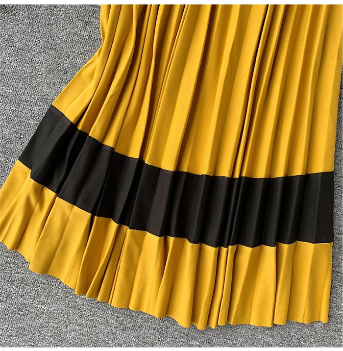 TIGENA Beautiful Patchwork Pleated Skirt Women Fashion Autumn Winter Korean High Waist Long Maxi Skirt Female Black Yellow