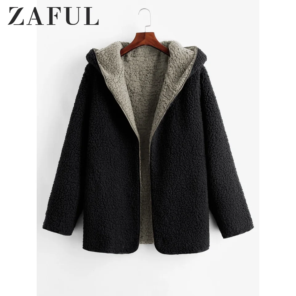 zaful hooded open front lamb wool teddy coat