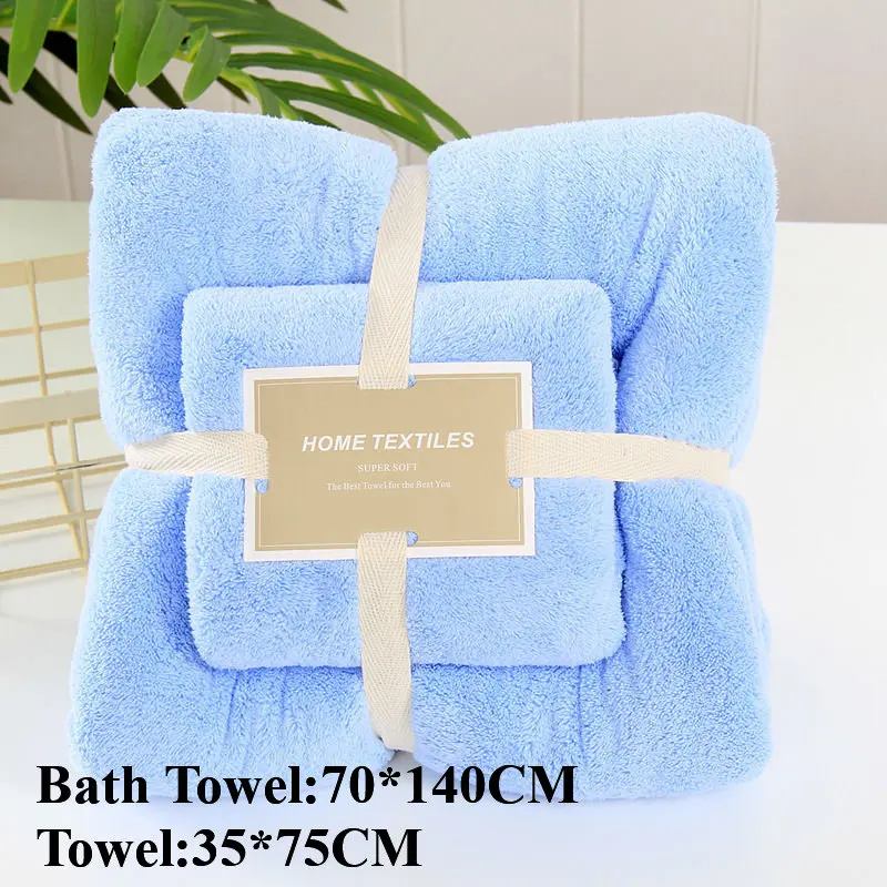 Blue Утолщенное Впитывающее Воду полотенце из микрофибры, набор твердых коралловых мягких полотенец для лица, Большое банное полотенце, набор из двух предметов, подарок - Цвет: Blue