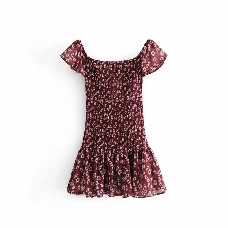 

Spring And Summer New Style Horizontal Neck off-Shoulder Floral Printed Slim Fit Slimming Pleated Hem Short-sleeve Dress WOMEN'S