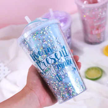 

Plastic Portable Hand-held Double Straw Cup Double Layer Student Water Cup MYDING