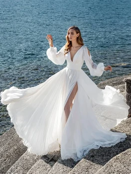 

Dressv Sample Wedding Dress 2020 Beach Outdoor Travel White Long Floor-Length Long Sleeves Button Split-Front V-Neck Zipper-Up