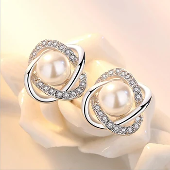 

Wholesale Temperament Sweet Fashion For Woman Lady Wedding Gift Intertwined Pearl 925 Sterling Silver Stud Earrings YS329