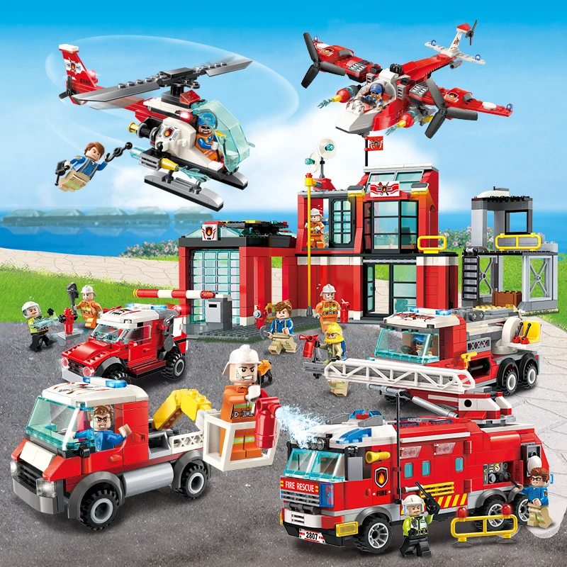 

NEW City Police Firefighter Rescue Fire Station Truck Aircraft Ladder Car Building Blocks Model DIY Brick Sets Kid Toy