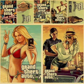 

Grand Theft Auto GTA 5 Game Retro Kraft Paper Poster Printed Wall Pictures Decorative Wall Stickers for Living Room Vintage Flat