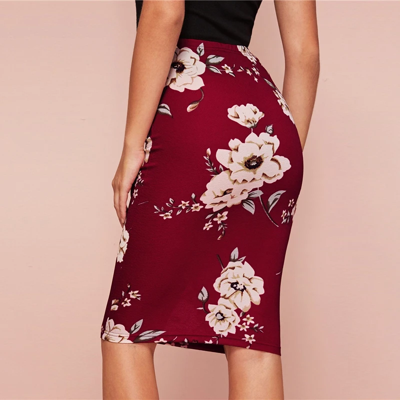 SHEIN черная юбка-карандаш с эластичной талией и цветочным принтом для женщин, Офисная Женская Осенняя приталенная юбка с высокой талией, элегантные миди-юбки