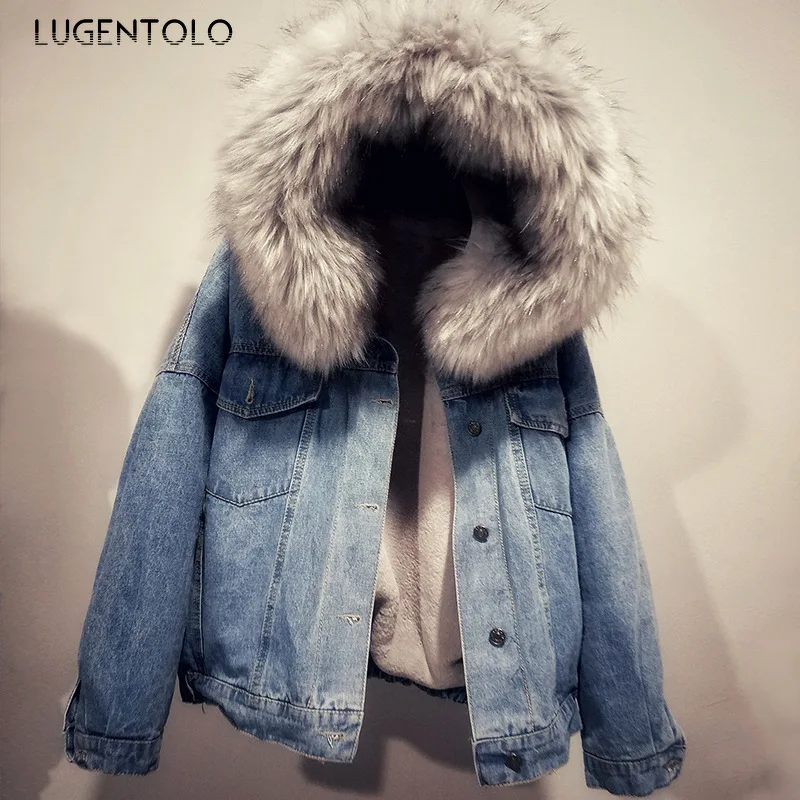 Lugentolo, зимняя куртка, женские парки, деним, с капюшоном, плюс бархат, толстый меховой воротник, Повседневная мода, однобортный, шерсть, подкладка, короткая