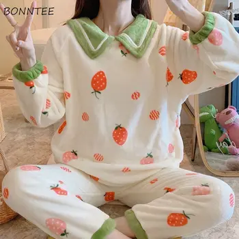 

Pajama Sets Women Winter Velvet Thick Lovely Soft Fashion Ulzzang Girls Homewear Daily Casual Chic Long Sleeve Female Sleepwear
