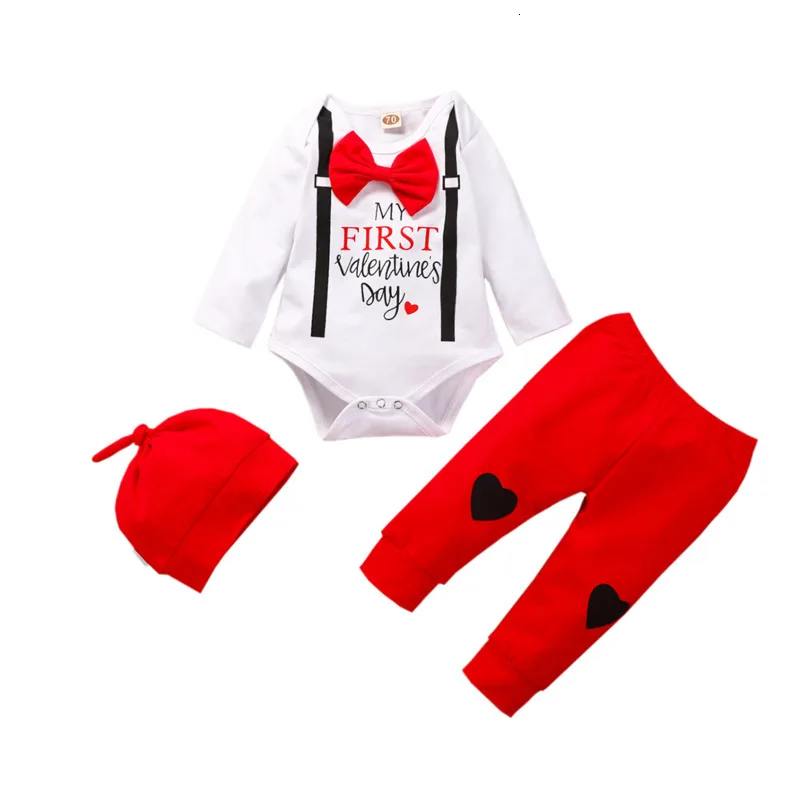 Одежда для новорожденных, одежда для малышей с надписью «My First Valentine», комбинезон с принтом «My First Valentine» для маленьких мальчиков и девочек на День святого Валентина+ штаны+ шапочка, комплект для малышей - Цвет: red