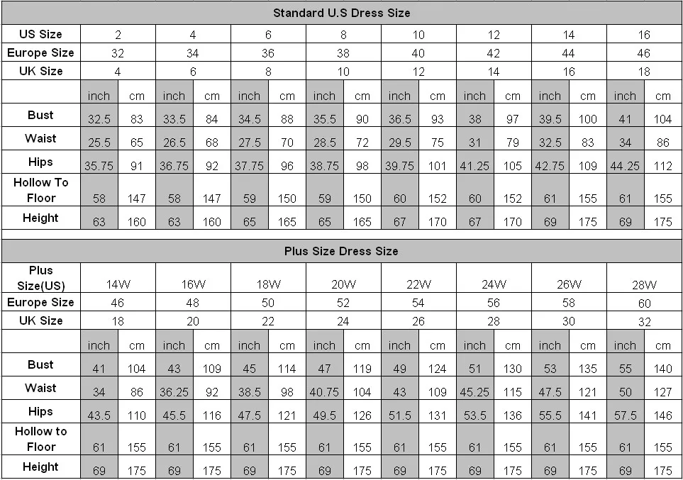 Standard Size Chart 2014