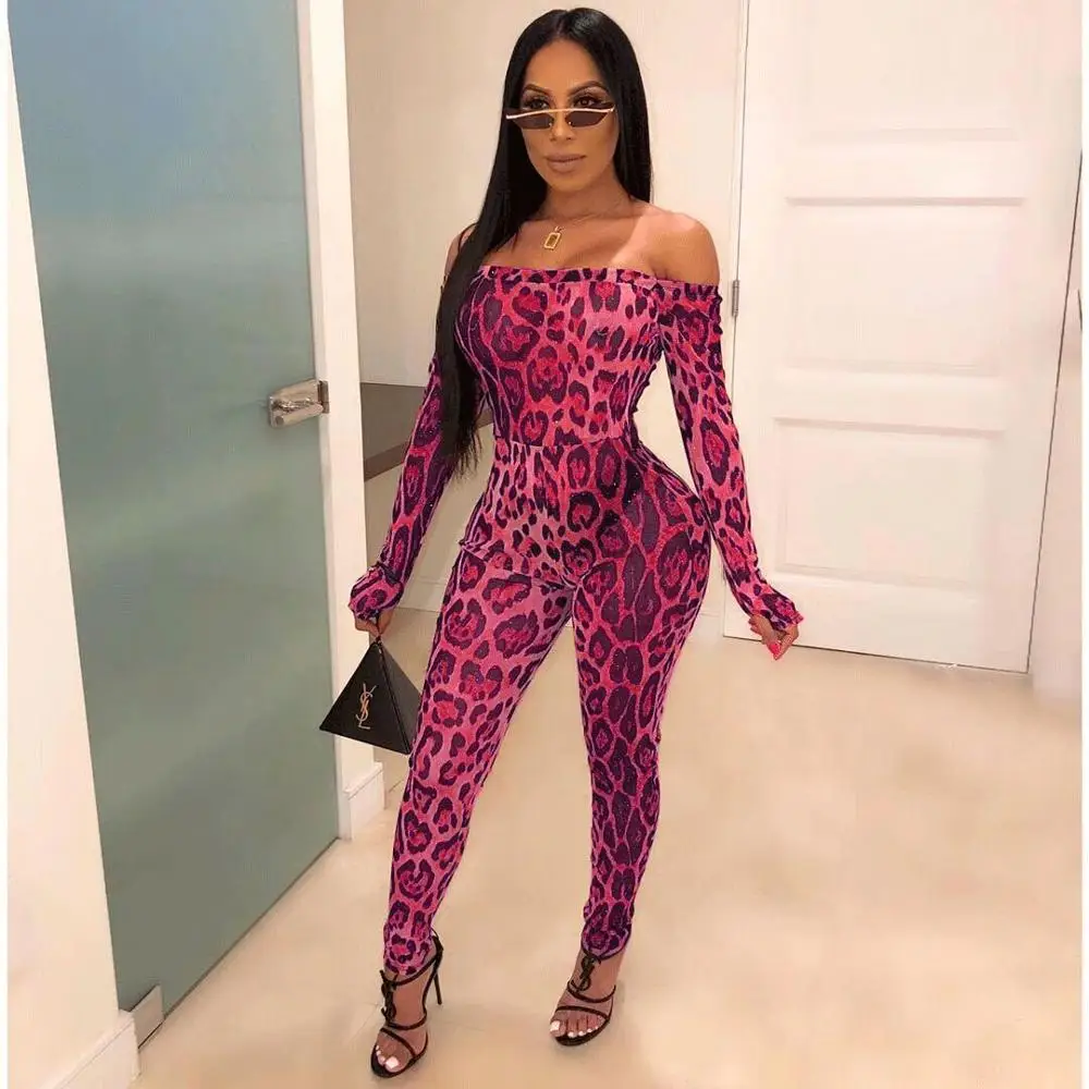 BKLD Women Fashion Leopard Off The Shoulder Rompers Jumpsuits Clubwear Ladies 2019 Autumn Flare Long Sleeve Bodycon Jumpsuits