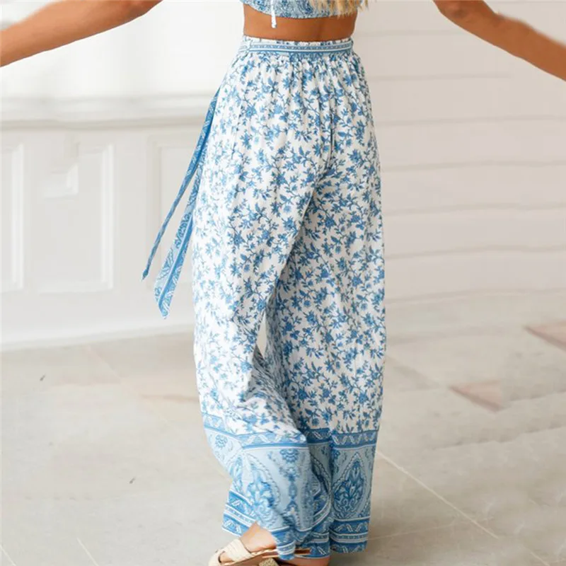 Boho женские Мешковатые расклешенные брюки офисные женские широкие брюки Gypsy Palazzo с высокой талией свободные широкие брюки Брюки-клёш
