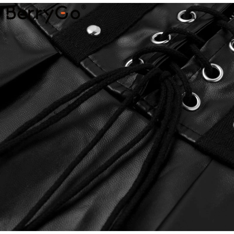 BerryGo/Пикантные мини-юбки из искусственной кожи со шнуровкой для женщин, с высокой талией, на молнии, гофрированная черная юбка, Осень-зима, вечерние юбки трапециевидной формы для клуба