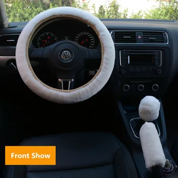 

Car Steering Wheel Cover Gearshift Handbrake Cover Protector Decoration Warm Super Thick Plush Collar Soft Black Pink Women Man