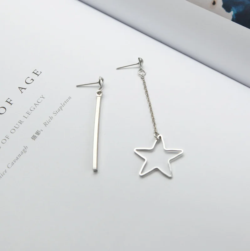 

Korean simple hollow five-pointed star strip asymmetric tassel earrings