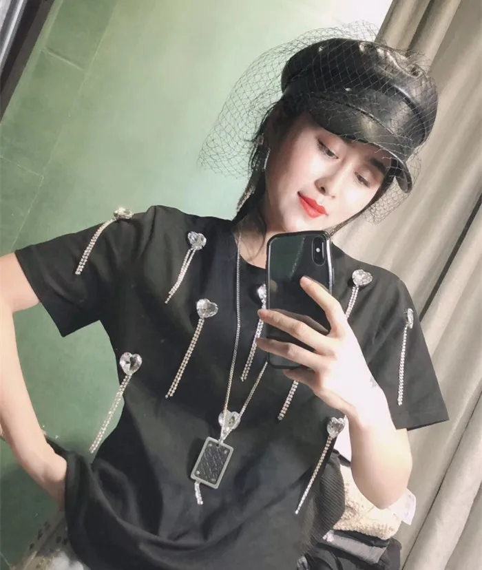 WHITNEY WANG футболка Летняя мода уличная ручная работа сладкое сердце бриллианты кисточка Футболка женская футболка Топ Леди тройники