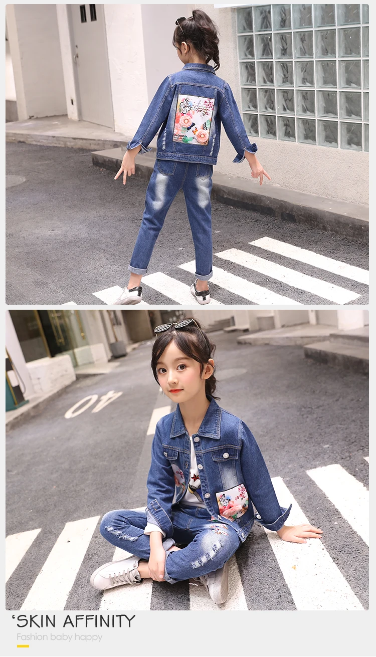 Two Pieces Kids Girls Denim Jeans Pants Set Outfit Spring New Style Kids Girls Denim Jacket Clothing Set