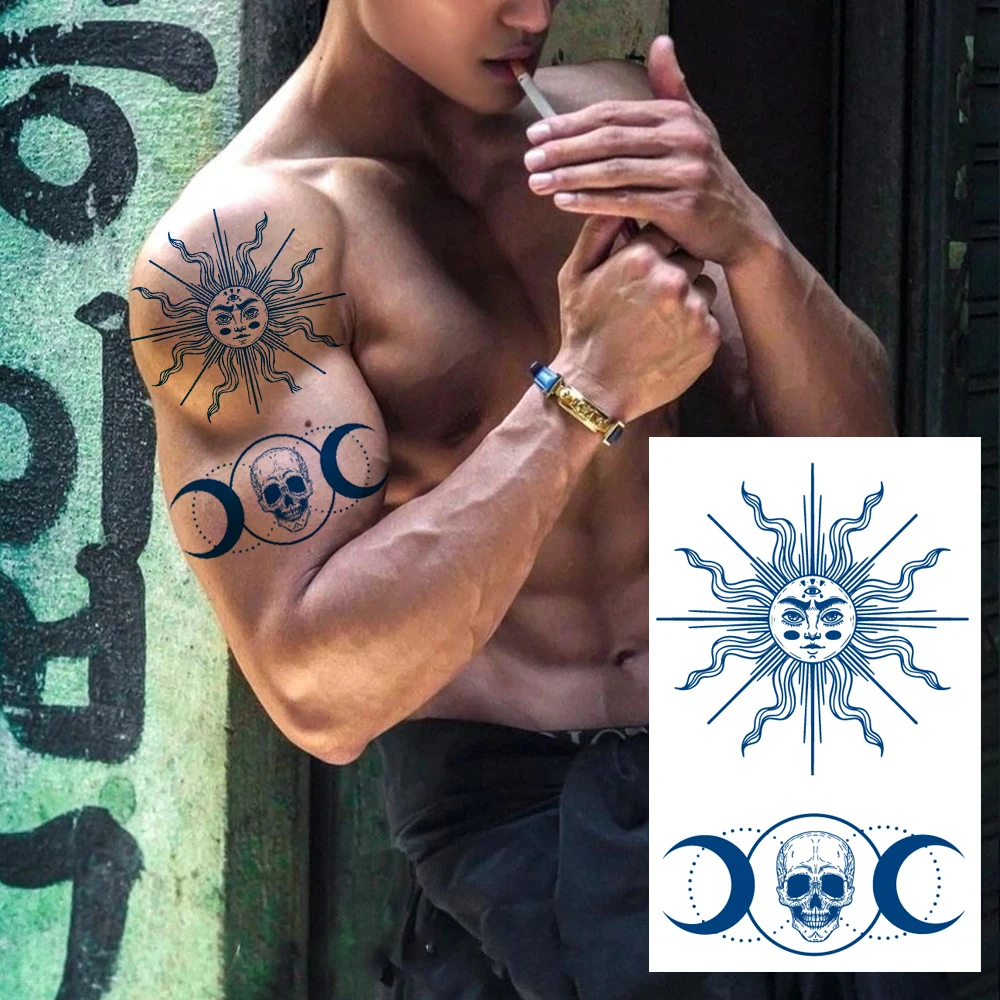 

Sun Moon Skull Tattoo Juice Waterproof Lasting Tattoo Sticker Men 2 Week Temporary Tattoo Snake Geometric Cross Fake Tatoo Women