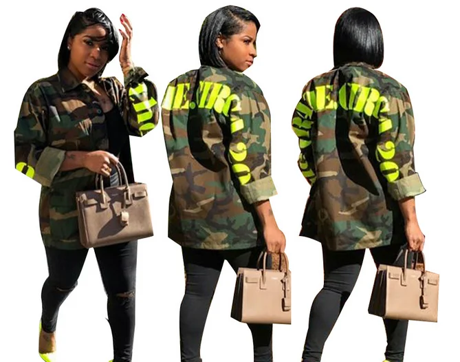 Women's Green Camouflage Long Jackets Plus Size Long Sleeve Camo Streetwear Coat femme