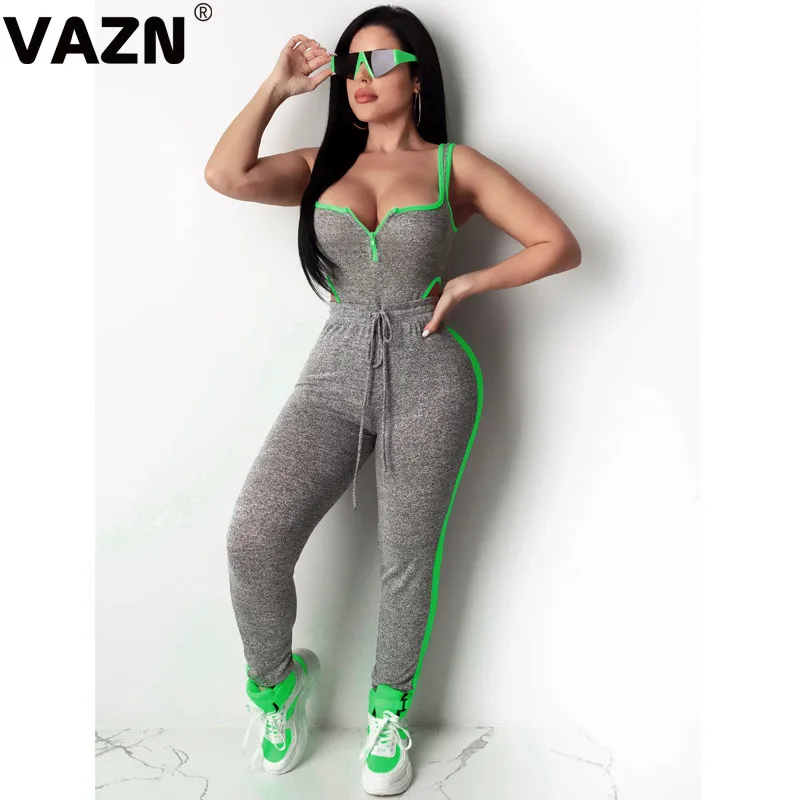 VAZN ME2778 сексуальный спортивный комбинезон на бретельках, повседневный женский однотонный комбинезон, сексуальный длинный рукав, длинные штаны, топ, милый Облегающий комбинезон