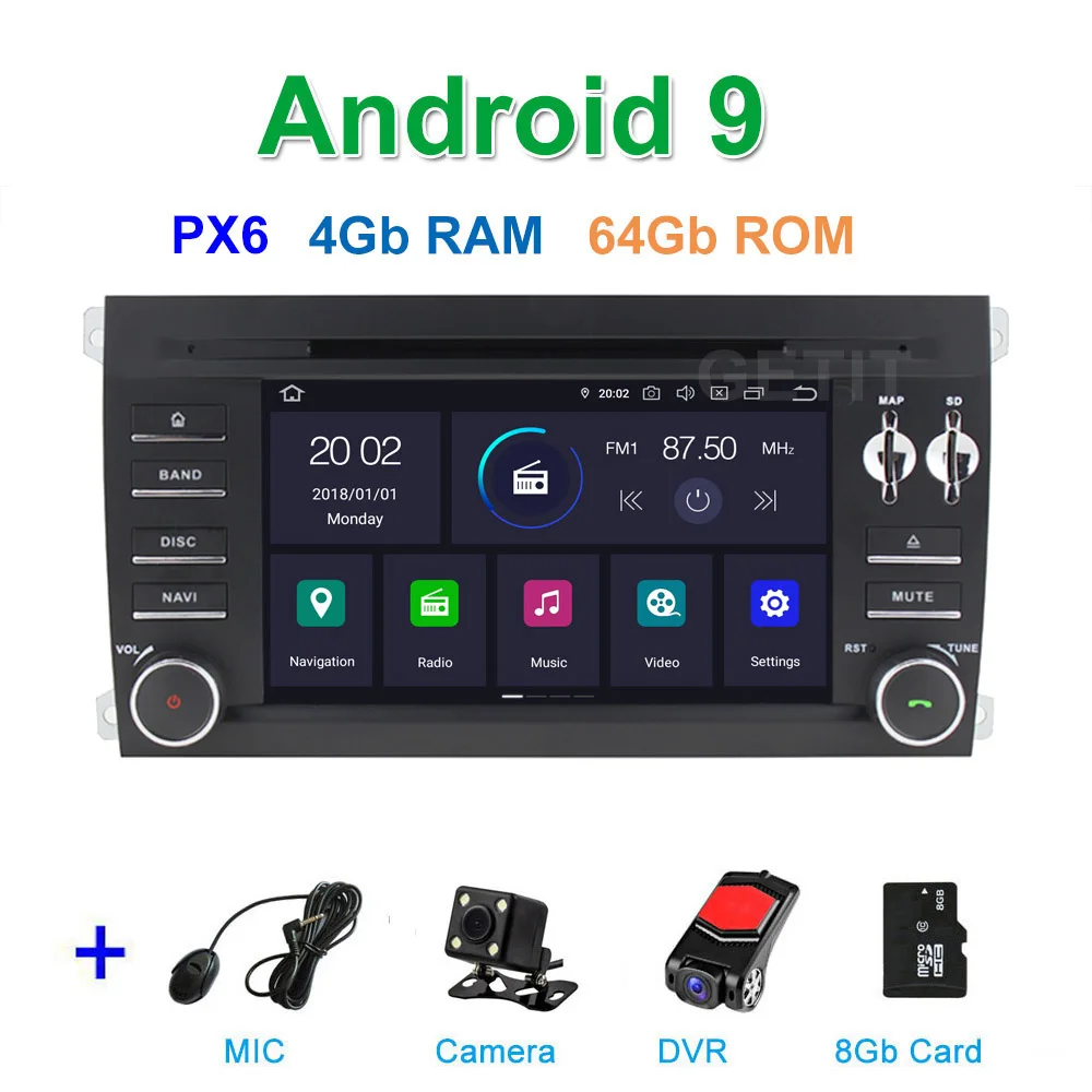 PX6 4G CAM DVR SD DSP 64G PX6 Android 9 Автомобильный DVD стерео радио gps навигация для Porsche Cayenne 2003-2010 - Цвет: PX6 4G CAM DVR SD