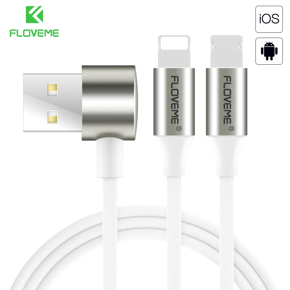 

FLOVEME 2 in 1 USB Cable 2.4A TPE Fast Charge For iPhone 11 7 Micro USB Charging Cable USB L Shape Android Mobile Phone Cable