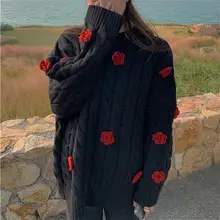 

2022 Elegant Autumn Winter Girls Round Neck Long Sleeve Pullover Warm Twist Knit Sweater Korean Chic Loose Flower Outwear