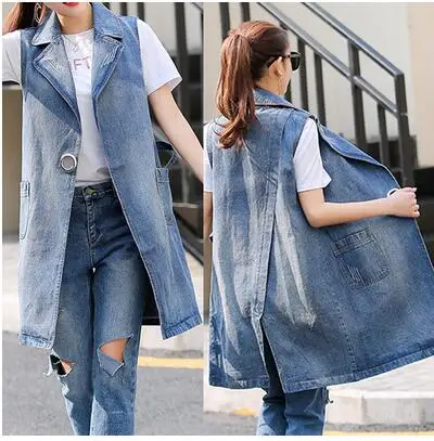 light blue long vest Новинка; Наивысшее качество; Демисезонный Для женщин жилет размера плюс джинсовый женский пиджак модные «дырявые» в длинное платье без рукавов жилет для детей ростом от 90 кг - Цвет: light blue long vest