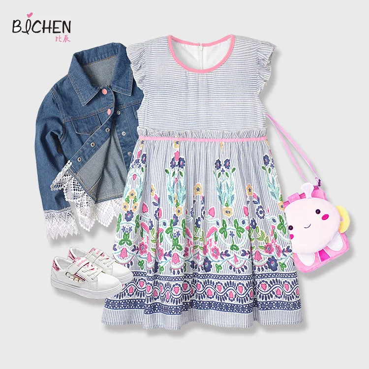 

Girls Stripes Floral Printed Dress Origional Korean-style Crew Neck 4-12-Year-Old Big Boy Sweet Waist Hugging Big Hemline A- lin