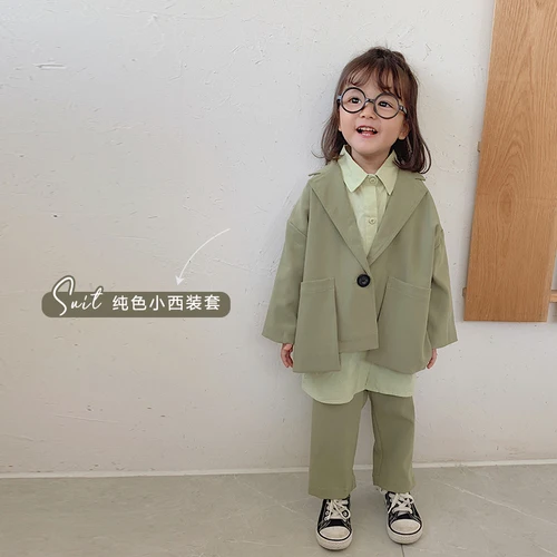 green Модный костюм для девочек осень г., однотонный детский однобортный костюм с большими карманами+ свободные брюки для маленьких девочек комплект из двух предметов - Цвет: green