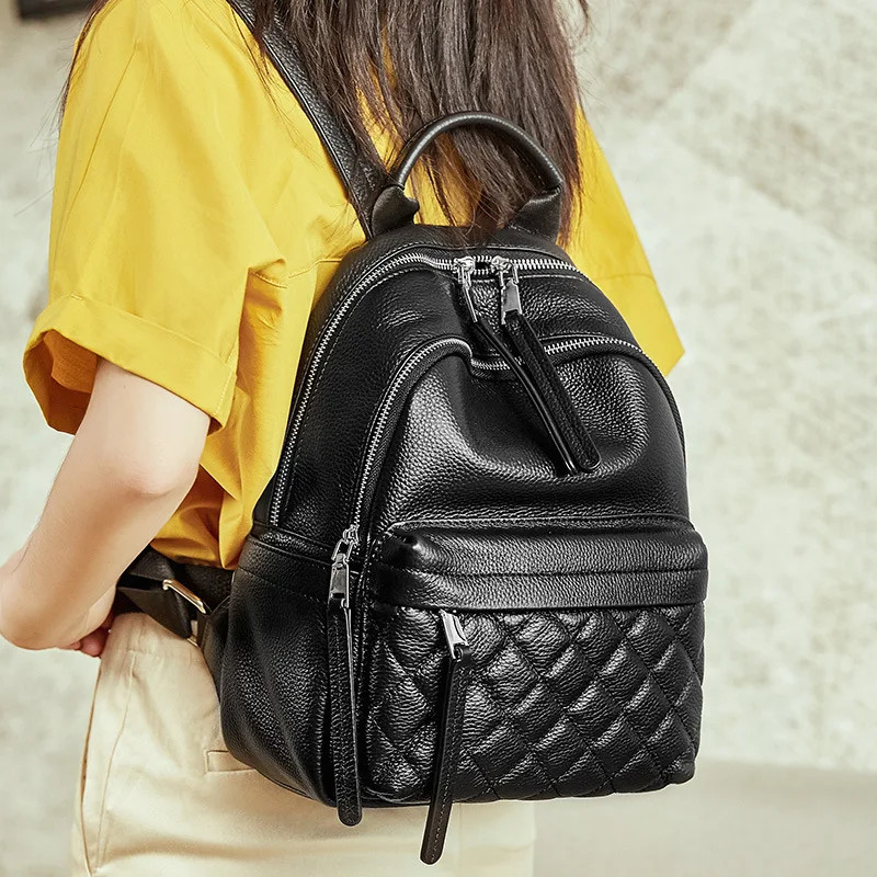 

Rhombus WOMEN'S Backpack First Layer Leather Backpackage Women's New Style WOMEN'S Leather Bags Leather Bag Backpack School Bag