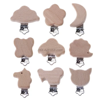 

OOTDTY Natural Beech Wood Baby Pacifier Clips Of Cartoon Animals Beech Wood Dummy Clips DIY Pacifier Chain