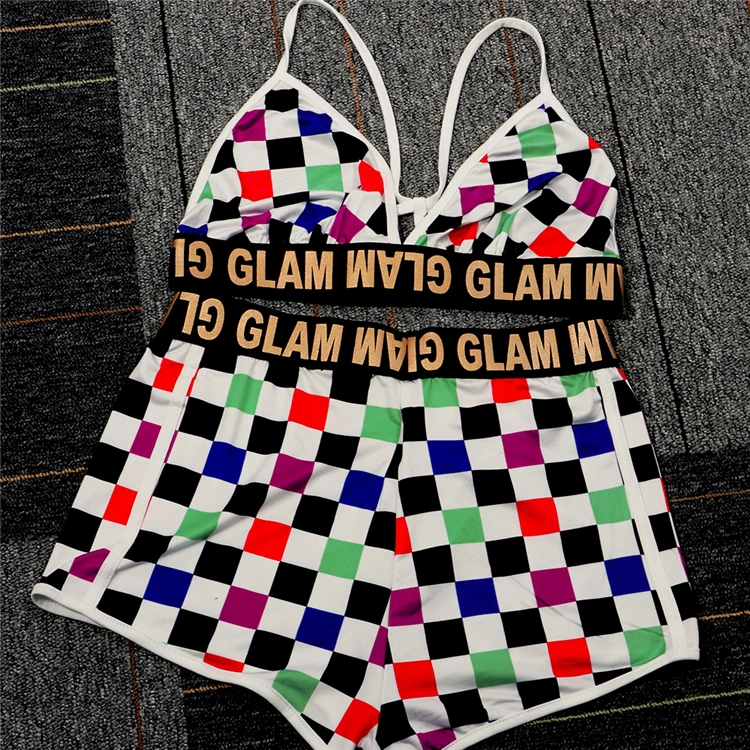 TY7014 sexy contrast color plaid spaghetti strap plaid sports bra shorts two piece set