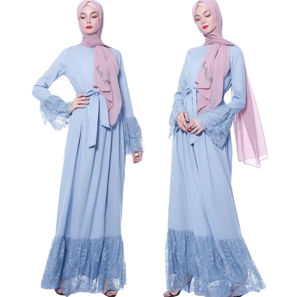 Элегантное кружевное длинное мусульманское платье макси abaya с оборками, женская мусульманская одежда Вечерние Лоскутные вечерние с расклешенными рукавами и поясом