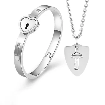 

Fashion Jewelry Sets for Lovers Stainless Steel Love Heart Lock Bracelets Bangles Key Pendant Necklace Couples Set серьги женски