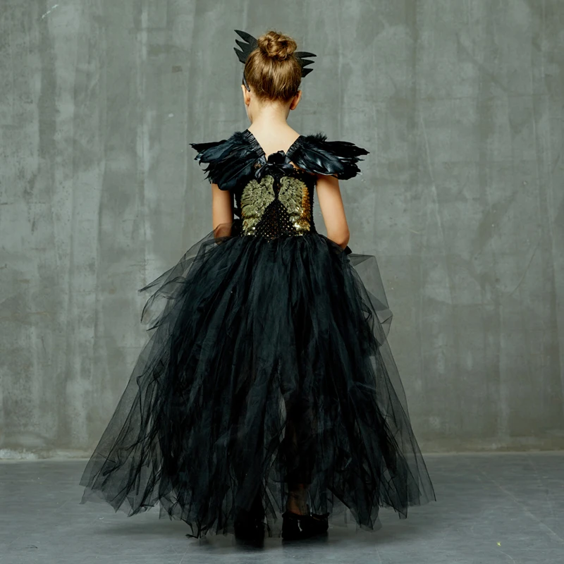 Платье-пачка черного и темного цвета для девочек с v-образным вырезом и шлейфом; праздничное вечернее бальное платье для девочек; нарядные платья; Детский костюм ведьмы на Хэллоуин