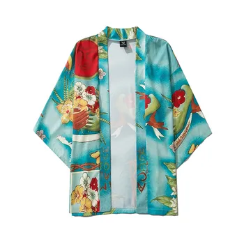 

2020 New Fashion Men Casual Clothes Shirts Loose Open Front 3/4 Sleeve Japanese Style Print Cover Up Cardigan Clothing #5.2