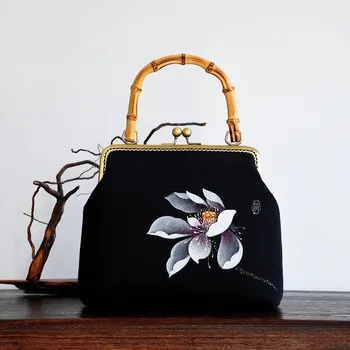 

High-End Handbag Hanfu Hanbok Bag Cotton Linen Fabric Bag Retro National Style Bamboo Handle Cheongsam Bag Female Duffle Bag