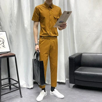 

Korean Style Casual Suit Men's Shirt Set Mens Summer Shirt 2pc Set Shirt & Pant Men Set Shirt Pocket Shirt+pant Heren Kleding