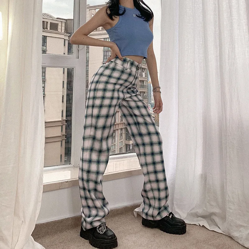 

HOUZHOU 2020 Summer Plaid Pants Women High Waist Checkered Pants Straight Trousers Women Streetwear Casual Fashion Pants Women