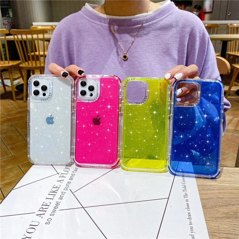 3-in-1 Shining Glitter Shockproof Bumper Phone Case with Soft Back Cover
