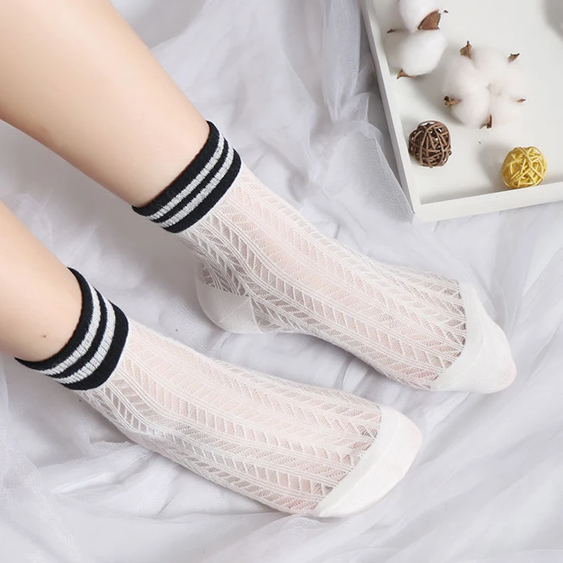 Spring Summer Women Transparent Casual Socks Female Thin Crystal Glass Silk Striped Fashion Woman Stretch Korean|socks female|silk sockssocks fashion