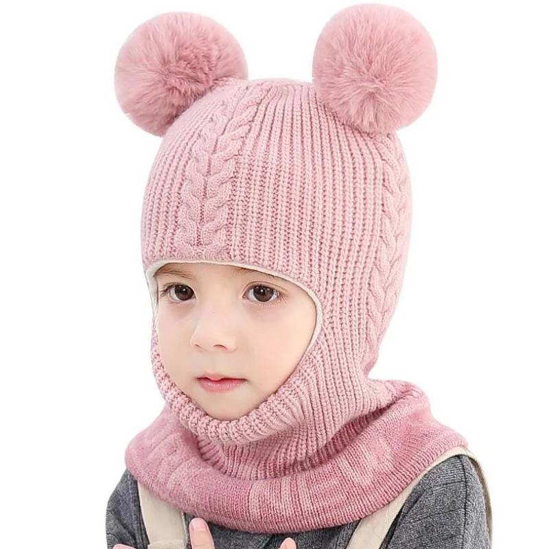 

Doitbest 2 to 6 Y Winter hat for kids beanies two Fur ball boys Beanie Child knit hats Protect face neck kid girls Earflap Caps