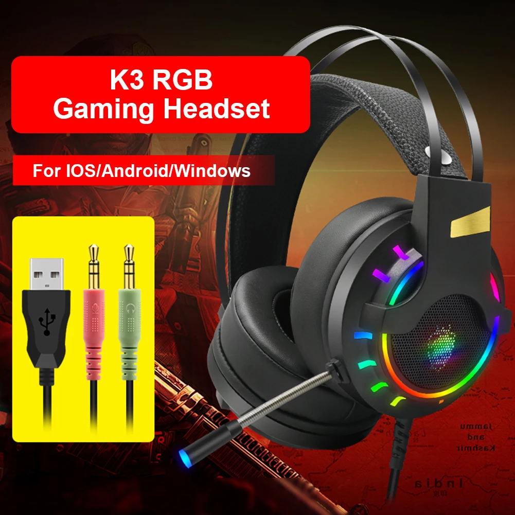 K3 3 5mm USB 7 1 Wired Gaming Headphone RGB Lighting Audio Over Ear Headset with Microphone for Computer PC